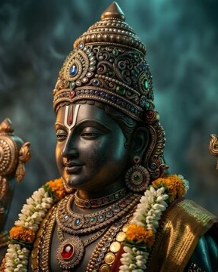 Adorned idol of Lord Vishnu with flower garlands